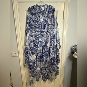Camilla Elegant Blue and White Patterned Maxi Dress Caftan